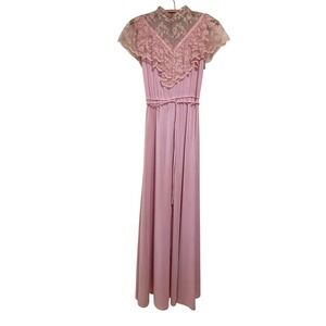 Vintage 70s Sheer Lace Pink Chiffon Feminine Romantic Ethereal Maxi Dress XS-S